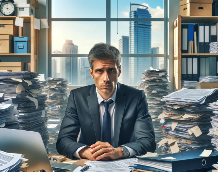 homme entouré de paperasse entrepreneuriale dans un bureau