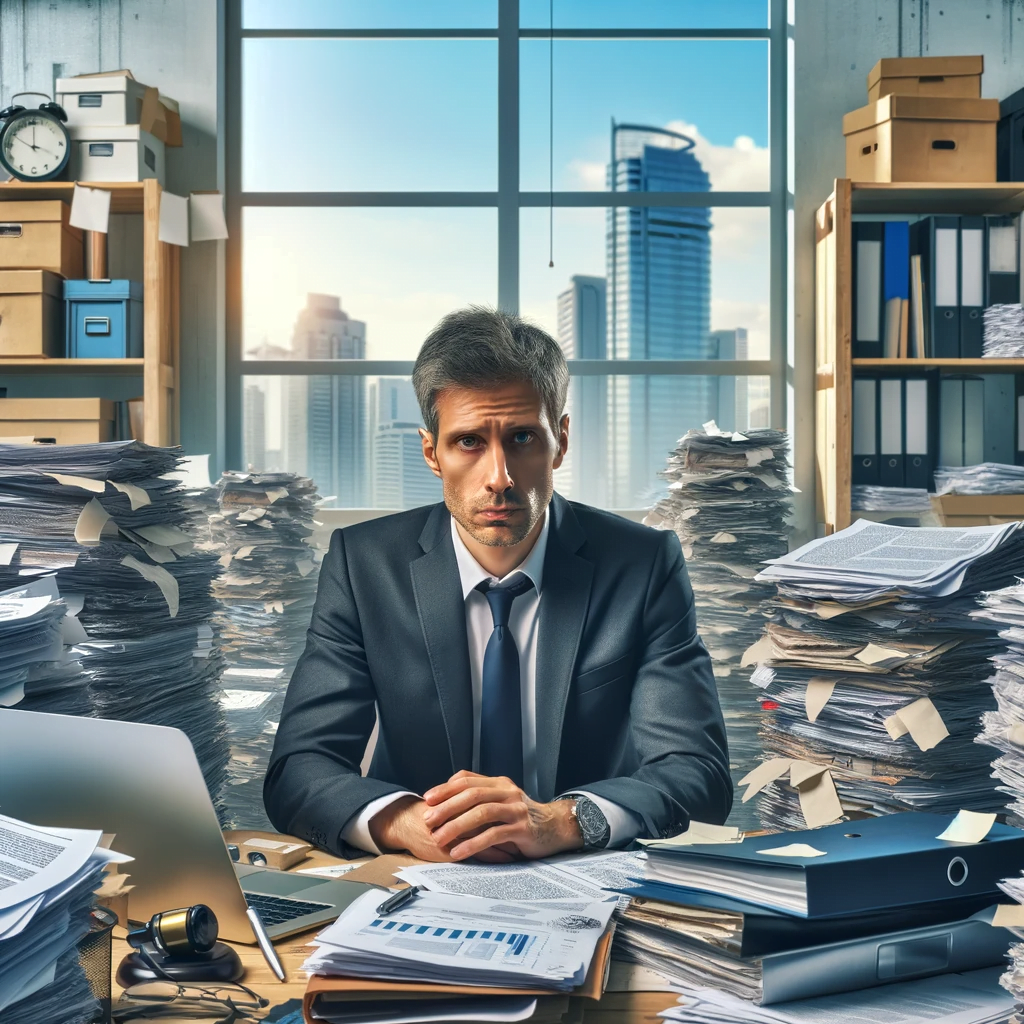 homme entouré de paperasse entrepreneuriale dans un bureau